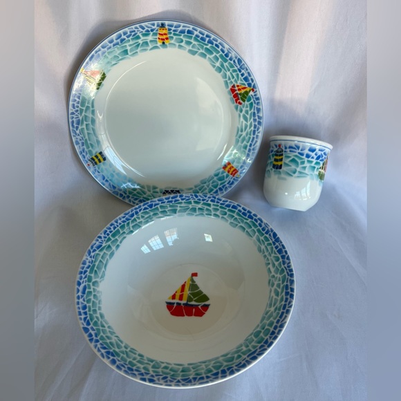 Child Sailboat Lighthouse Dinnerware Set Plate Bowl Mug Blue Nautical Mosaic Rim - Picture 10 of 14